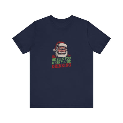 He Sees You When You're Drinking — Judgmental Santa Retro Tee (Dark)