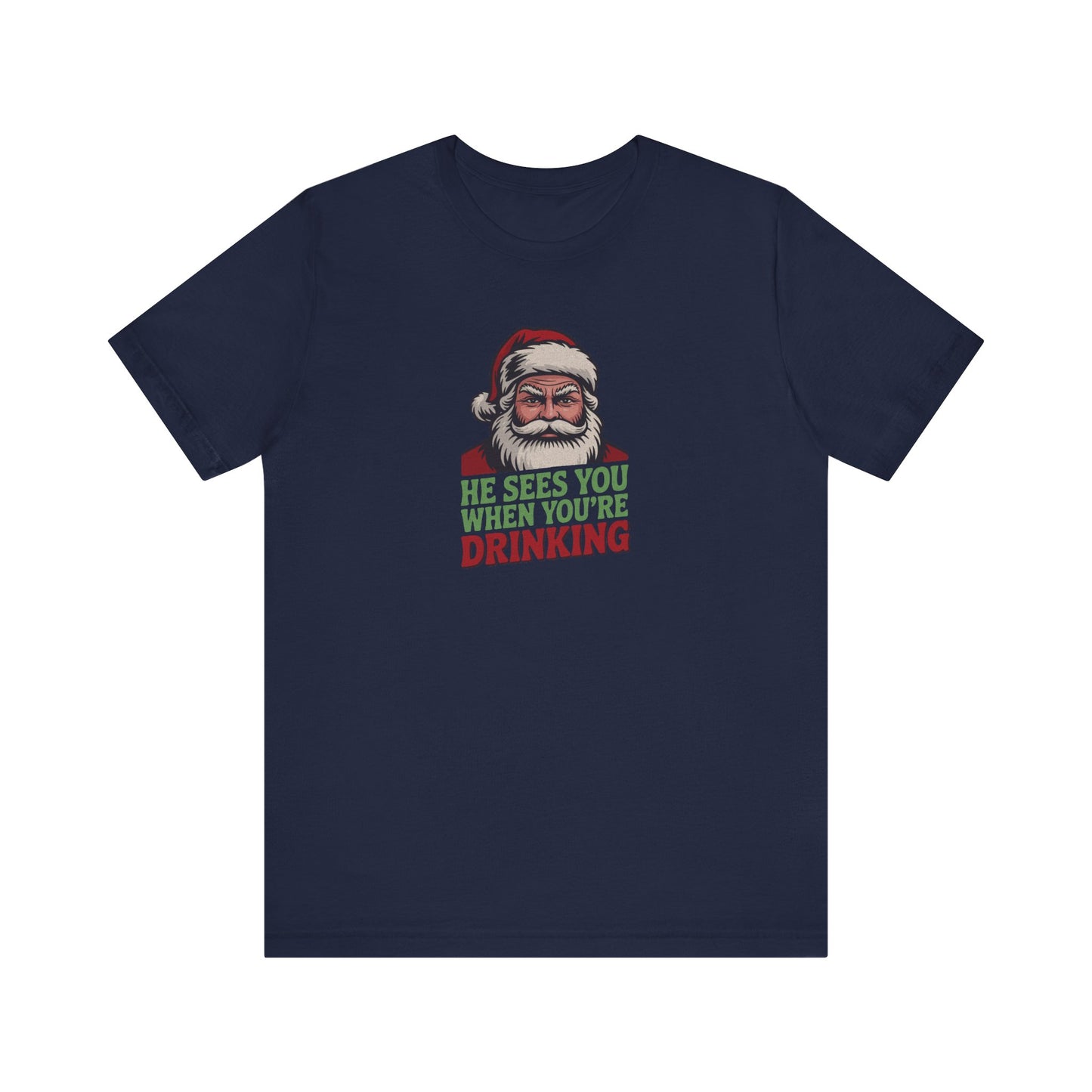 He Sees You When You're Drinking — Judgmental Santa Retro Tee (Dark)