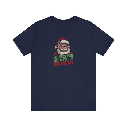 He Sees You When You're Drinking — Judgmental Santa Retro Tee (Dark)