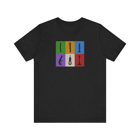 Six Ways Into the Evidence Locker — Clue Retro Tee (Dark)