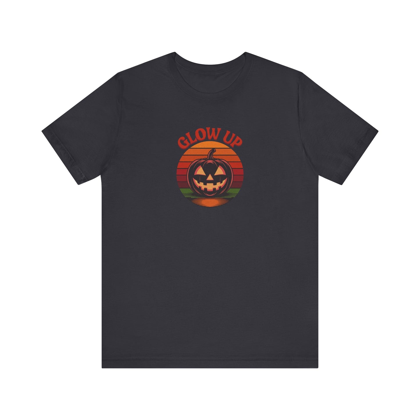 Halloween Glow Up Pumpkin — Retro Autumn Sunset Tee (Dark)