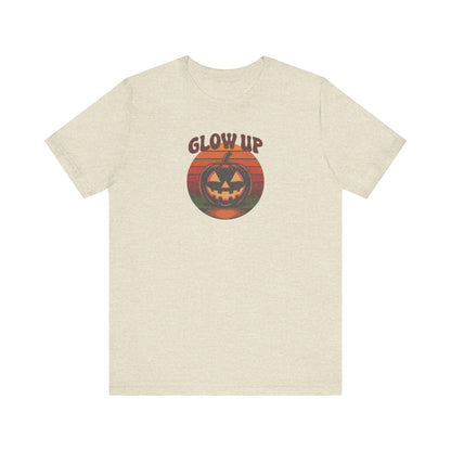 Halloween Glow Up Pumpkin — Retro Autumn Sunset Tee (Light)