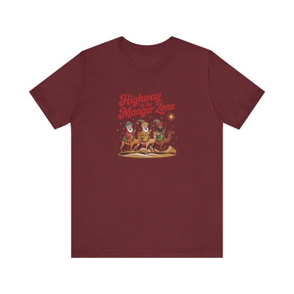 Highway to the Manger Zone — Top Gun-Inspired Christmas Retro Tee (Dark)
