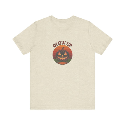 Halloween Glow Up Pumpkin — Retro Autumn Sunset Tee (Light)
