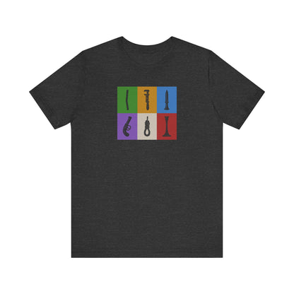 Six Ways Into the Evidence Locker — Clue Retro Tee (Dark)