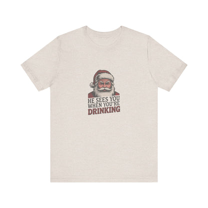 He Sees You When You're Drinking — Judgmental Santa Retro Tee (Light)
