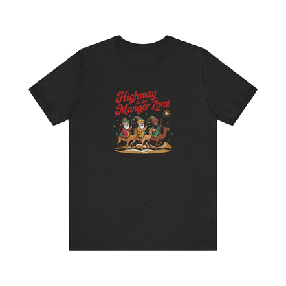 Highway to the Manger Zone — Top Gun-Inspired Christmas Retro Tee (Dark)