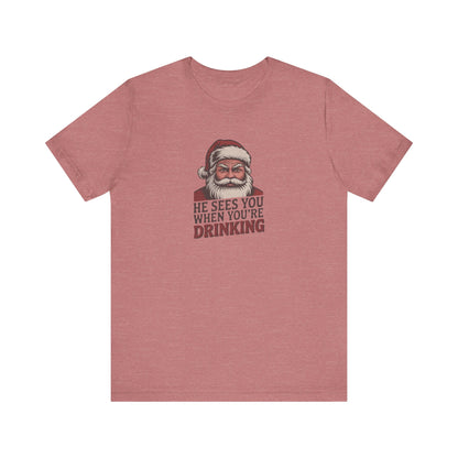 He Sees You When You're Drinking — Judgmental Santa Retro Tee (Light)