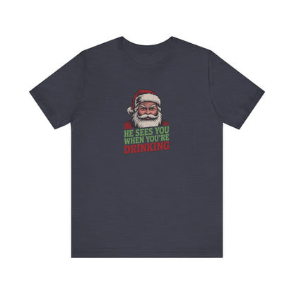 He Sees You When You're Drinking — Judgmental Santa Retro Tee (Dark)