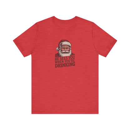He Sees You When You're Drinking — Judgmental Santa Retro Tee (Light)