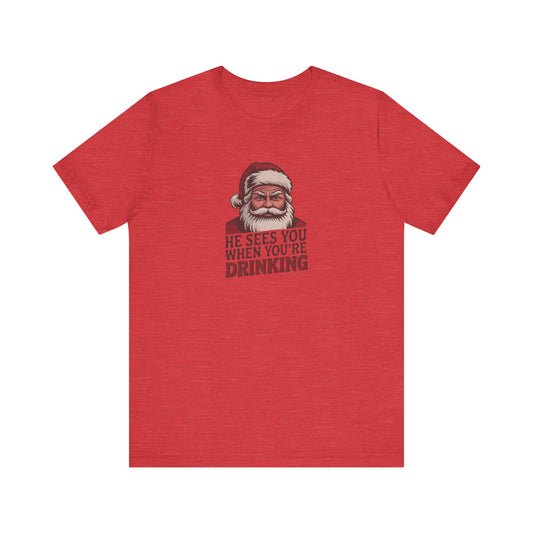 He Sees You When You're Drinking — Judgmental Santa Retro Tee (Light)