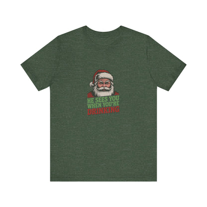 He Sees You When You're Drinking — Judgmental Santa Retro Tee (Dark)