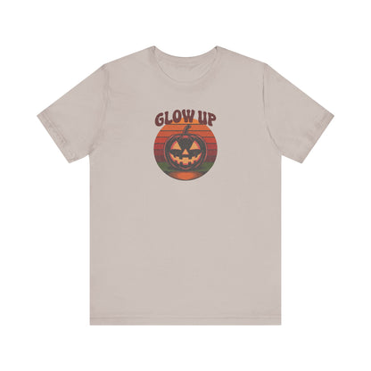 Halloween Glow Up Pumpkin — Retro Autumn Sunset Tee (Light)
