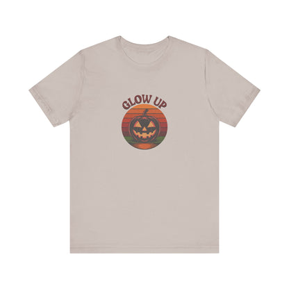 Halloween Glow Up Pumpkin — Retro Autumn Sunset Tee (Light)