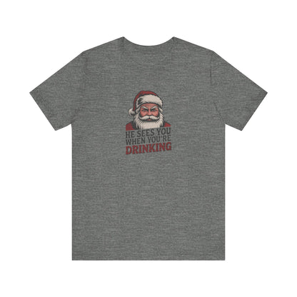 He Sees You When You're Drinking — Judgmental Santa Retro Tee (Light)