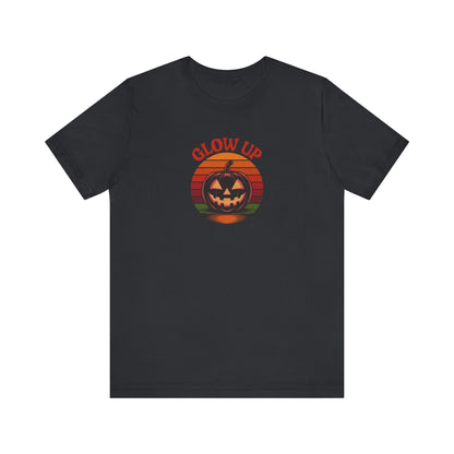 Halloween Glow Up Pumpkin — Retro Autumn Sunset Tee (Dark)
