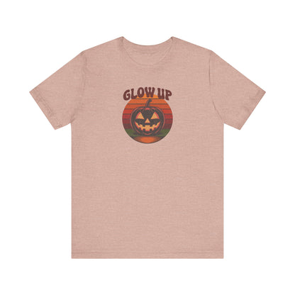 Halloween Glow Up Pumpkin — Retro Autumn Sunset Tee (Light)