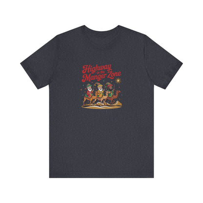 Highway to the Manger Zone — Top Gun-Inspired Christmas Retro Tee (Dark)