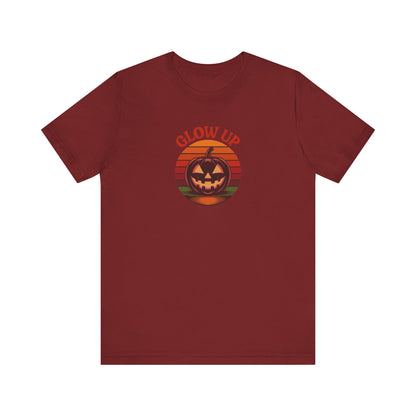 Halloween Glow Up Pumpkin — Retro Autumn Sunset Tee (Dark)