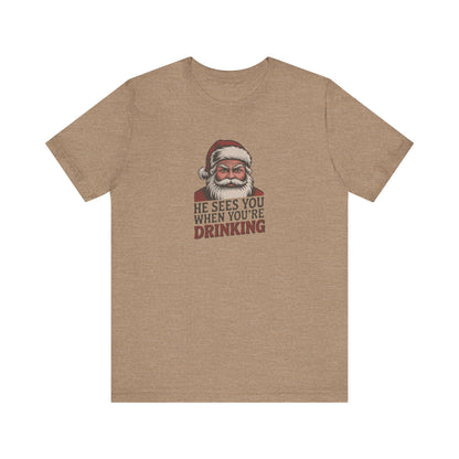 He Sees You When You're Drinking — Judgmental Santa Retro Tee (Light)