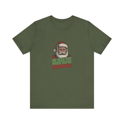 He Sees You When You're Drinking — Judgmental Santa Retro Tee (Dark)
