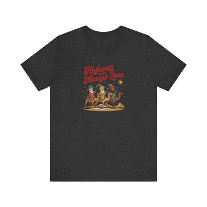 Highway to the Manger Zone — Top Gun-Inspired Christmas Retro Tee (Dark)