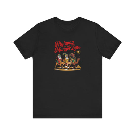 Highway to the Manger Zone — Top Gun Christmas Retro Tee (Dark)