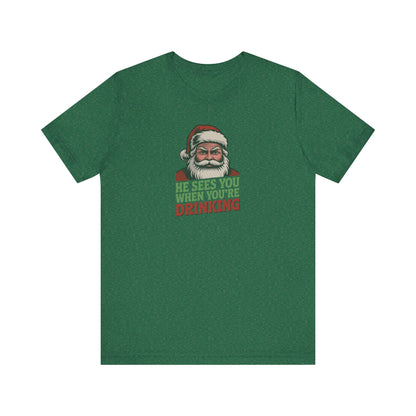 He Sees You When You're Drinking — Judgmental Santa Retro Tee (Dark)