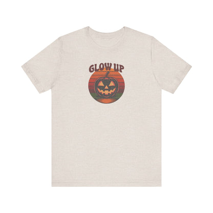 Halloween Glow Up Pumpkin — Retro Autumn Sunset Tee (Light)