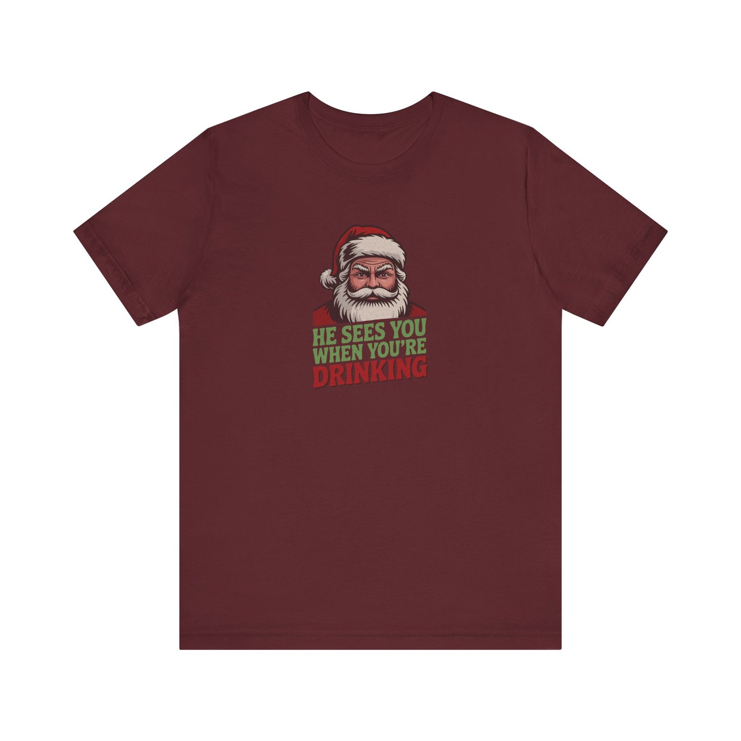 He Sees You When You're Drinking — Judgmental Santa Retro Tee (Dark)