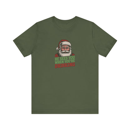 He Sees You When You're Drinking — Judgmental Santa Retro Tee (Dark)