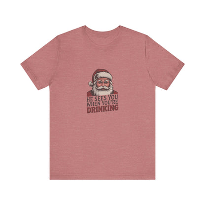 He Sees You When You're Drinking — Judgmental Santa Retro Tee (Light)