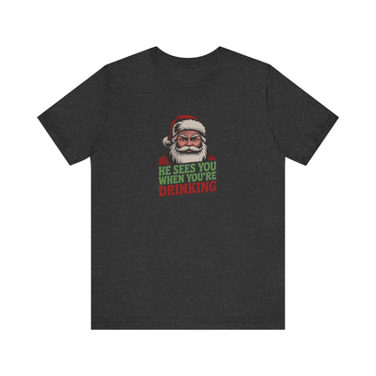 He Sees You When You're Drinking — Judgmental Santa Retro Tee (Dark)