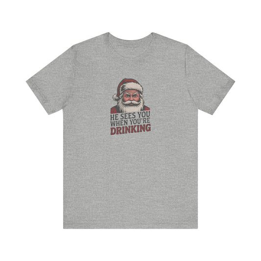 He Sees You When You're Drinking — Judgmental Santa Retro Tee (Light)