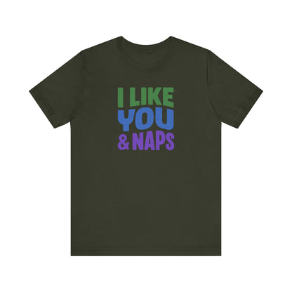 I Like You & Naps (Cool Gradient) — Retro Loungewear Tee (Dark)