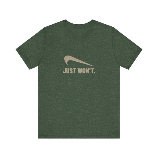 Just Won’t Athletic Parody — Retro Workout Tee (Dark)