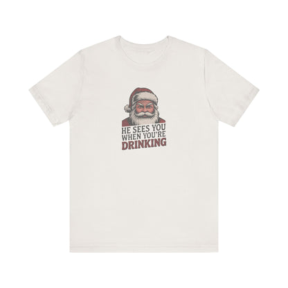 He Sees You When You're Drinking — Judgmental Santa Retro Tee (Light)