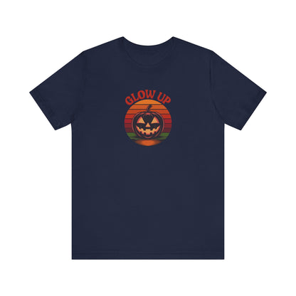 Halloween Glow Up Pumpkin — Retro Autumn Sunset Tee (Dark)