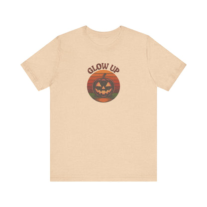 Halloween Glow Up Pumpkin — Retro Autumn Sunset Tee (Light)