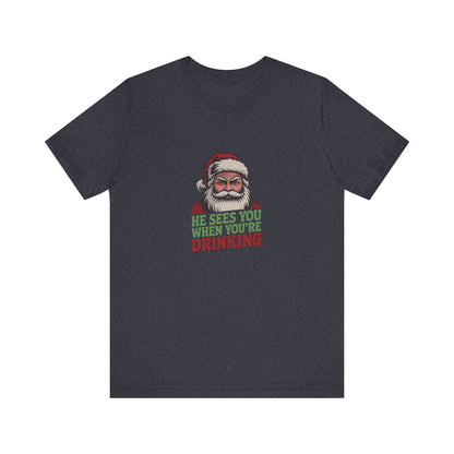 He Sees You When You're Drinking — Judgmental Santa Retro Tee (Dark)