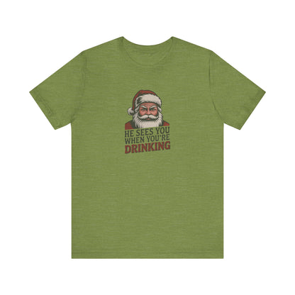 He Sees You When You're Drinking — Judgmental Santa Retro Tee (Light)