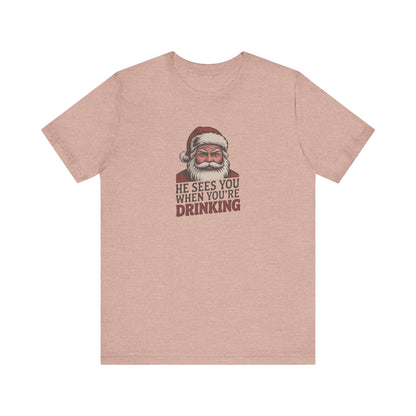 He Sees You When You're Drinking — Judgmental Santa Retro Tee (Light)