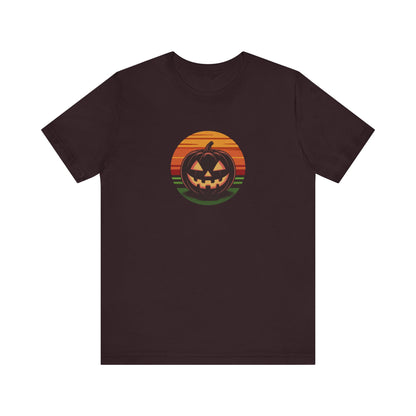Retro Jack: Glowing Classic — Halloween Sunset Tee (Dark)