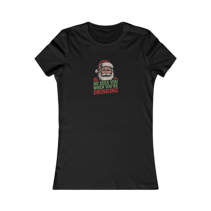 He Sees You When You're Drinking — Judgmental Santa Retro Women's Tee (Dark)