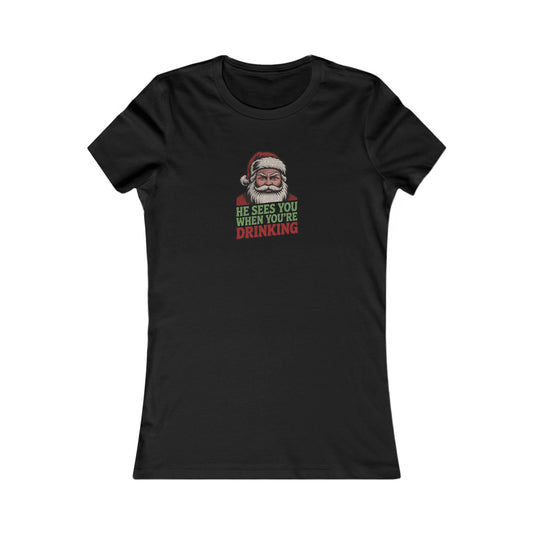 He Sees You When You're Drinking — Judgmental Santa Retro Women's Tee (Dark)