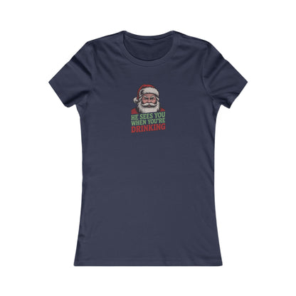 He Sees You When You're Drinking — Judgmental Santa Retro Women's Tee (Dark)
