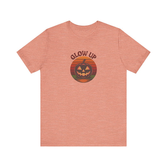 Halloween Glow Up Pumpkin — Retro Autumn Sunset Tee (Light)