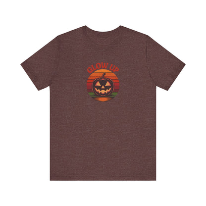 Halloween Glow Up Pumpkin — Retro Autumn Sunset Tee (Dark)