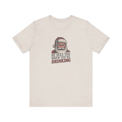 He Sees You When You're Drinking — Judgmental Santa Retro Tee (Light)