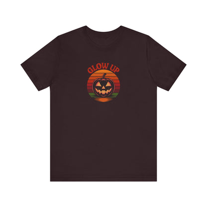 Halloween Glow Up Pumpkin — Retro Autumn Sunset Tee (Dark)